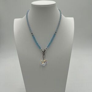 Blue Beaded Necklace with 925 Iridescent Crystal Snowflake Pendant